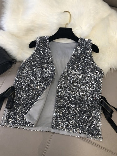 Women's Stylish Silver sparkling V-Neck sequin vest - Try Modest Limited 