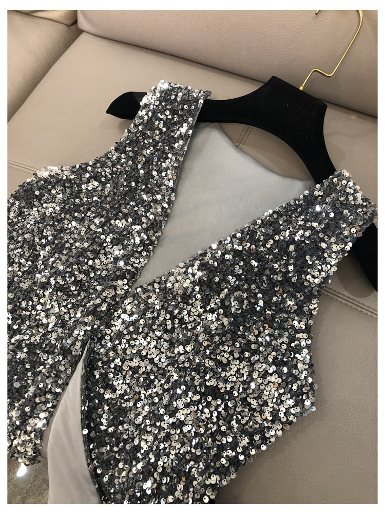 Women's Stylish Silver sparkling V-Neck sequin vest - Try Modest Limited 
